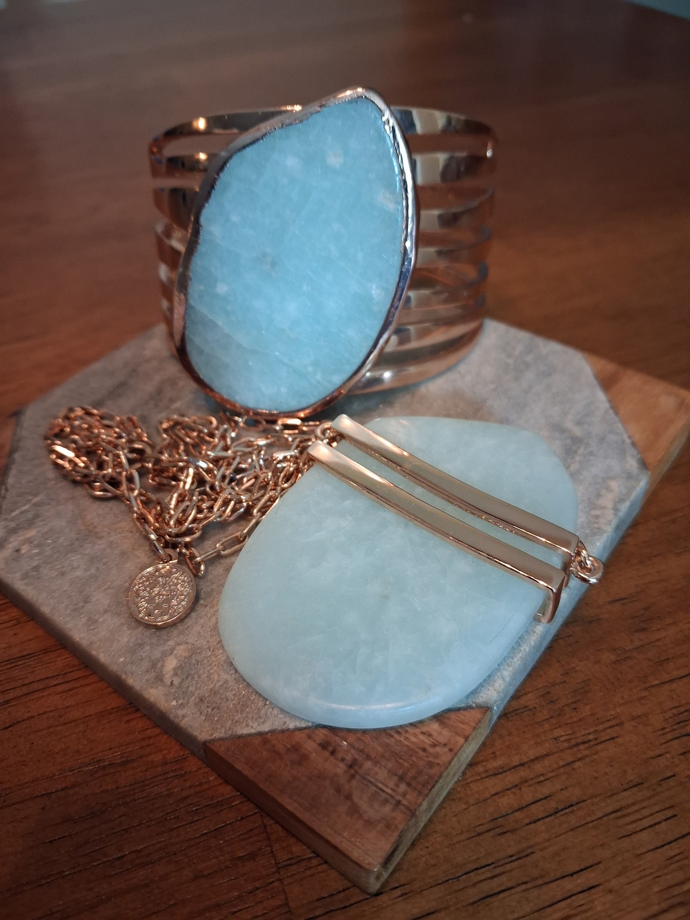 Vince Camuto Gold-Tone Bracelet and Pendant with Light Seafoam Green Stones
